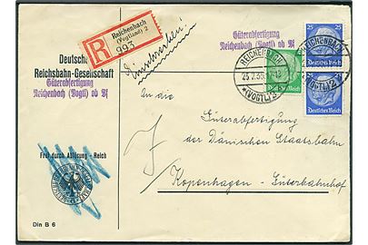 5 pfg. og 25 pfg. (par) Hindenburg på tjenestekuvert fra Deutsche Reichsbahn-Gesellschaft sendt anbefalet fra Reichenbach d. 23.2.1935 til København, Danmark.