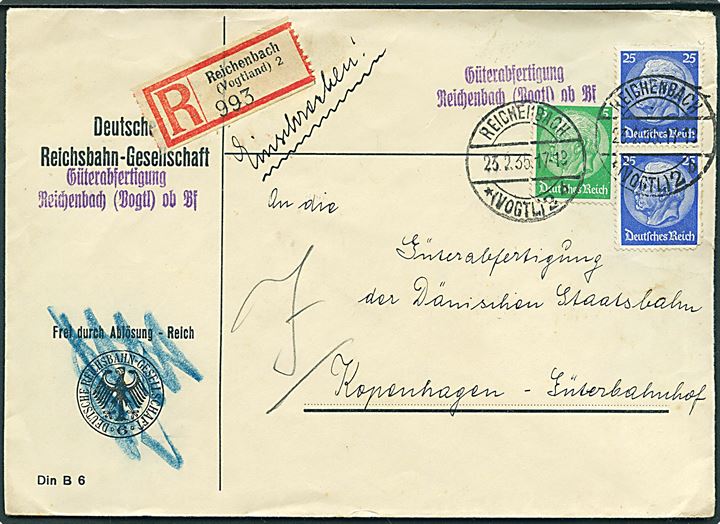 5 pfg. og 25 pfg. (par) Hindenburg på tjenestekuvert fra Deutsche Reichsbahn-Gesellschaft sendt anbefalet fra Reichenbach d. 23.2.1935 til København, Danmark.