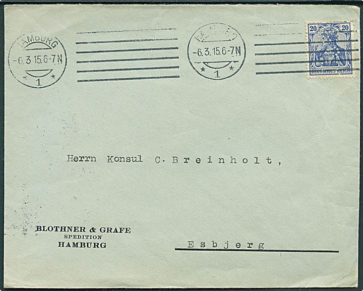 20 pfg. Germania med perfin B. & G. på fortrykt kuvert fra firma Blothner & Grafe i Hamburg d. 6.3.1915 til Esbjerg, Danmark. Tysk censur fra Hamburg.