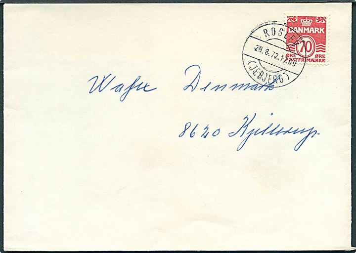 70 øre Bølgelinie på brev annulleret med parentes stempel Roslev (Jebjerg) d. 29.8.1972 til Kjellerup.