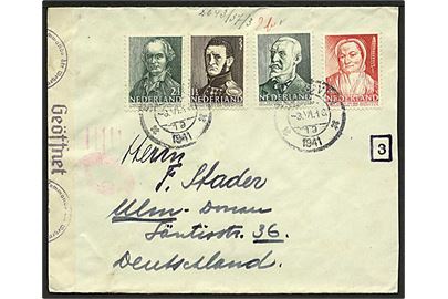 1½ c., 2½ c., 4 c. og 5 c. Sommervelgørenhed på brev fra Eindhoven d. 3.6.1941 til Ulm, Tyskland. Åbnet af tysk censur.