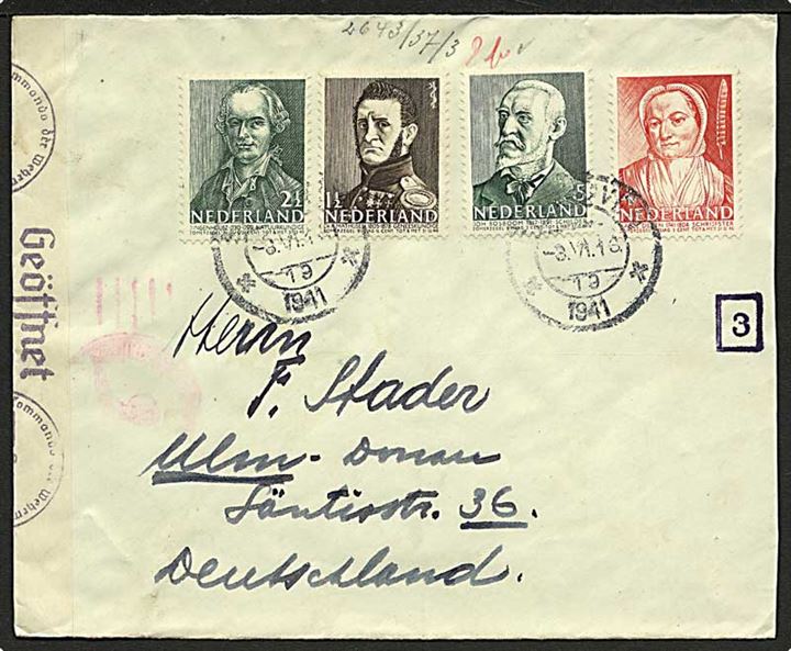 1½ c., 2½ c., 4 c. og 5 c. Sommervelgørenhed på brev fra Eindhoven d. 3.6.1941 til Ulm, Tyskland. Åbnet af tysk censur.