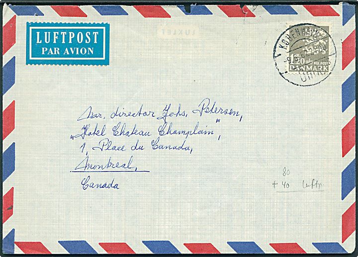 1,20 kr. Rigsvåben single på luftpostbrev fra København d. 9.5.1967 til Montreal, Canada. Bagklap mgl.