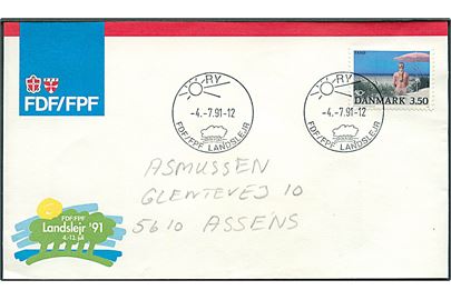 3,50 kr. Turistmål på illustreret spejder-kuvert annulleret med særstempel Ry / FDF/FPF Landslejr d. 4.7.1991 til Assens.