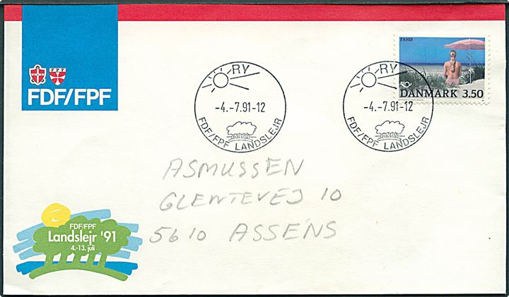 3,50 kr. Turistmål på illustreret spejder-kuvert annulleret med særstempel Ry / FDF/FPF Landslejr d. 4.7.1991 til Assens.