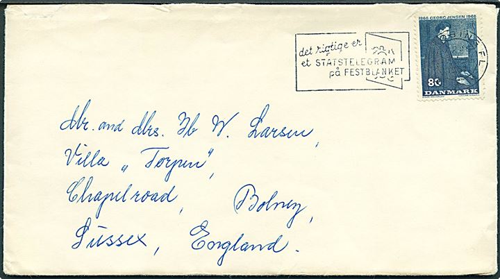 80 øre Georg Jensen single på brev fra Nykøbing F. 1967 til Bolney, Sussex, England.