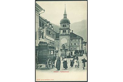 Schweiz, Altdorf. Telldenkmal med hestetrukket omnibus. No. 6195.