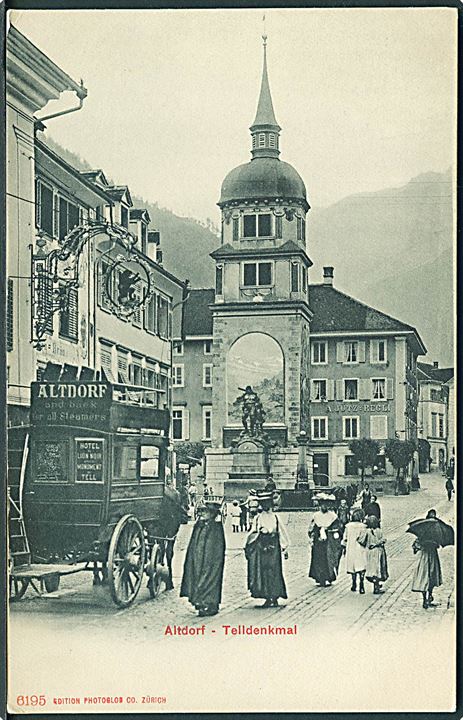 Schweiz, Altdorf. Telldenkmal med hestetrukket omnibus. No. 6195.