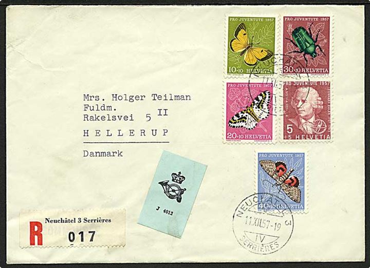 Komplet sæt Por Juventute 1957 på anbefalet brev fra Neuchatel d. 11.12.1957 til Hellerup, Danmark.