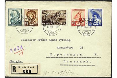 Komplet sæt 1940 Pro Juventute og 10 c. National opbygning på anbefalet brev fra Hindelbank d. 15.4.1941 til København, Danmark. Åbnet af tysk censur.