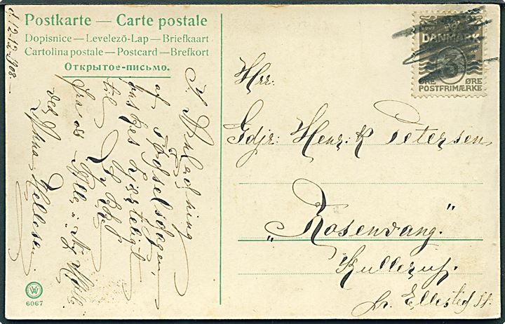 3 øre Bølgelinie annulleret med blyant på lokalt landpostkort dateret Ny Mølle (ved Lykkesholm) d. 12.12.1908 til Rosenvang, Kullerup pr. Ellested St. 