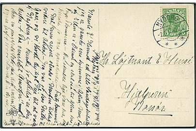 5 øre Chr. X på brevkort fra Nyborg d. 2.9.1916 til officer ombord på orlogsskibet Hjælperen i Korsør. Dampminebåden Hjælperen var det meste af krigen tilknyttet 2. eskadre i Storebælt.