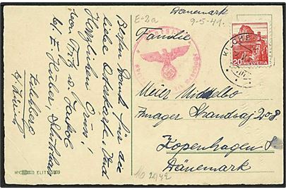 20 c. single på brevkort fra Kilchberg d. 9.5.1941 til København, Danmark. Tysk censur.