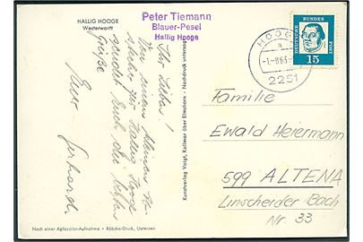15 pfg. på brevkort (Hallig Hooge, Westerwarft) stemplet Hooge 2251 d. 1.8.1963 til Altena.
