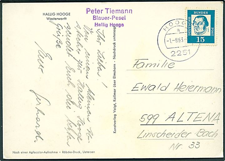 15 pfg. på brevkort (Hallig Hooge, Westerwarft) stemplet Hooge 2251 d. 1.8.1963 til Altena.