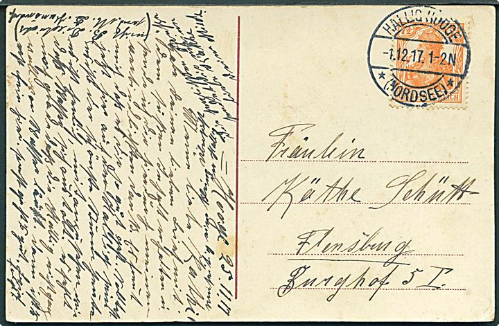 7½ pfg. Germania på brevkort (Landkort over Hallig Hooge) stemplet Hallig Hooge * (Nordsee)* d. 1.12.1917 til Flensburg.