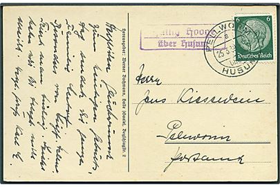 6 pfg. Hindenburg på brevkort stemplet Pellworm über Husum d. 25.3.1939 og sidestemplet Hallig Hooge über Husum til Pellworm.