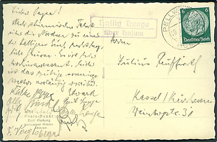 6 pfg. Hindenburg på brevkort (Hallig Hooge kirke) stemplet Pellworm über Husum d. 20.3.1934 og sidestemplet Hallig Hooge über Husum til Kassel.