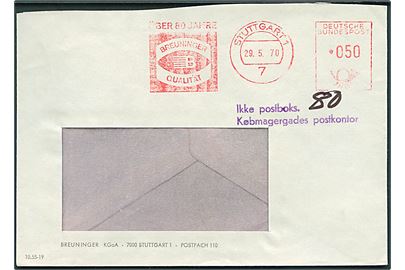 50 pfg. firmafranko på rudekuvert fra Stuttgart d. 29.5.1970 til København, Danmark. Violet stempel: Ikke postboks / Købmagergades postkontor.