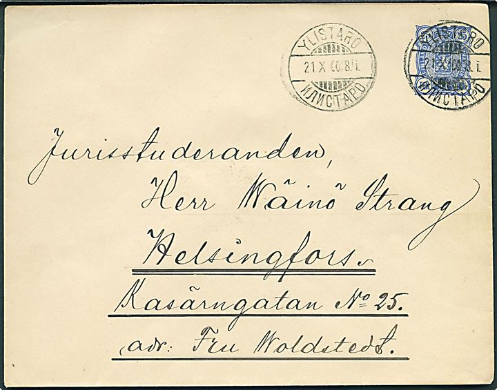 25 pen helsagskuvert fra Ylistaro d. 21.10.1900 til Helsingfors.