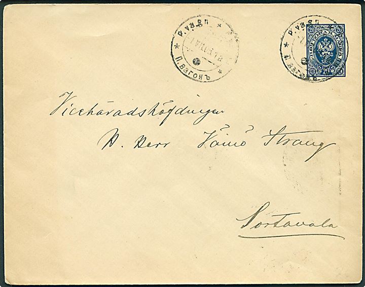 20 pen. helsagskuvert annulleret med svagt bureaustempel d. 1.7.1908 til Sortavala.