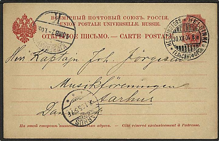 Russisk 4 kop. Våben helsagsbrevkort fra Helsingfors d. 30.12.1904 til Aarhus, Danmark.