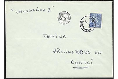 0,35 mk. Løve udg. på brev stemplet Hormajärvi d. 12.11.1966 sidestemplet med landpost nr.stempel 5789 til Hälsinborg, Sverige.