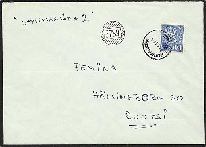 0,35 mk. Løve udg. på brev stemplet Hormajärvi d. 12.11.1966 sidestemplet med landpost nr.stempel 5789 til Hälsinborg, Sverige.