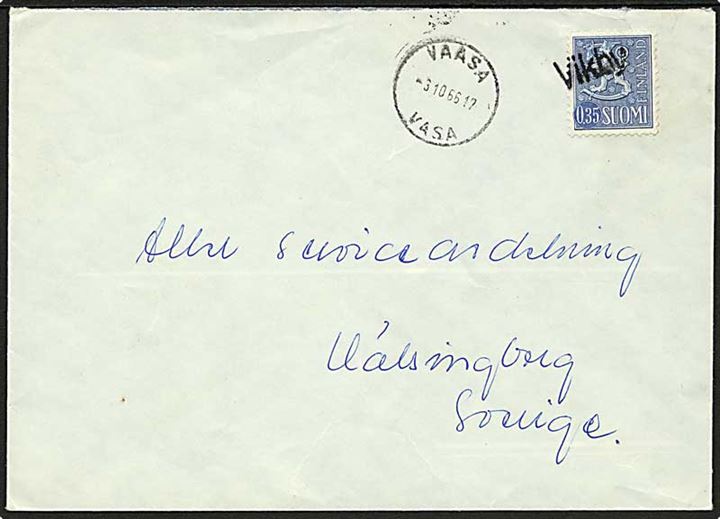 0,35 mk. Løve på brev annulleret med liniestempel Vikby og sidestemplet Vaasa d. 3.10.1966 til Hälsingborg, Sverige.