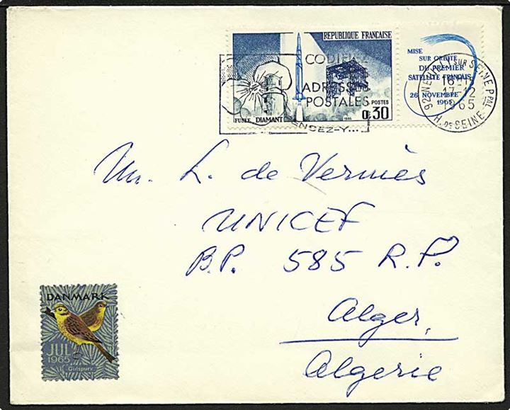 0,30 fr. Rumfart med vignet og Dansk Julemærke 1965 på brev fra Neuilly sur Seine d. 17.12.1965 til UNICEF i Alger, Nordafrika.