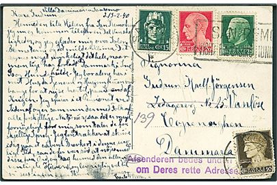 70 c. blandingsfrankeret brevkort fra San Remo d. 13.2.1940 til København, Danmark. Violet stempel: Afsenderen bedes underrettes om Deres rette Adresse.