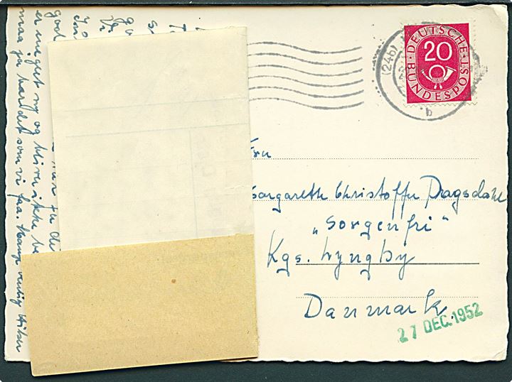 20 pfg. på julekort fra Flensburg d. 22.12.1952 til Sogenfri pr. Kgs. Lyngby. Ubekendt via Returpostkontoret med etiket P4007 (56-51 1/3A7).