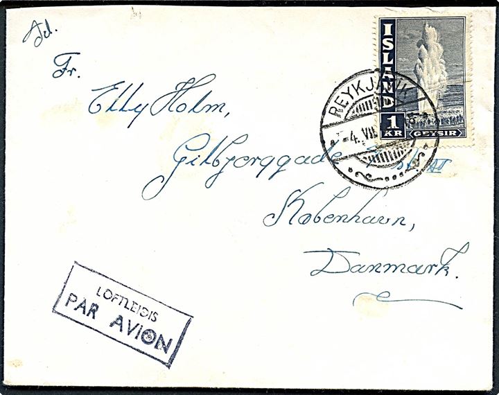 1 kr. Geysir single på luftpostbrev fra Reykjavik d. 4.7.1947 til København, Danmark.