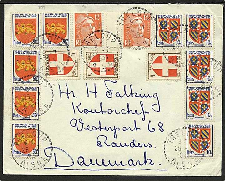 6,24 fr. blandingsfrankeret brev fra Treloup d. 26.7.1954 til Randers, Danmark.