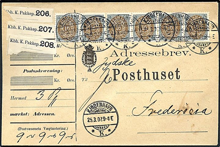 16 øre Tofarvet i vandret 6-stribe på adressebrev for tre pakker fra Kjøbenhavn d. 25.3.1902 til Fredericia.