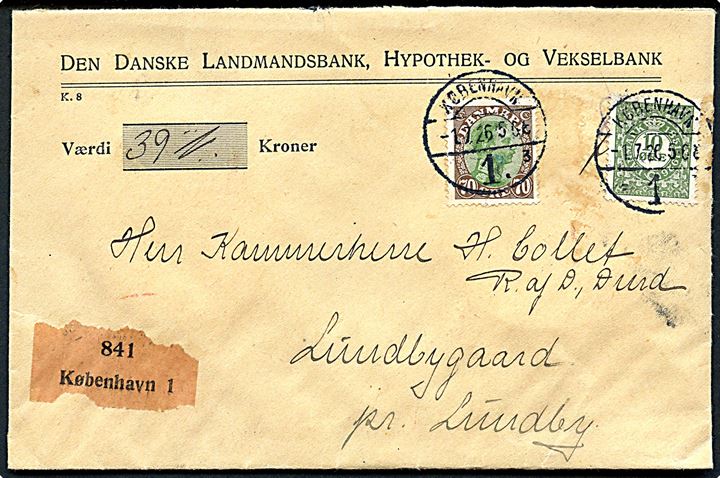 10 øre Frimærkejubilæum og 70 øre Chr. X på værdibrev fra København d. 1.7.1926 til Lundby.