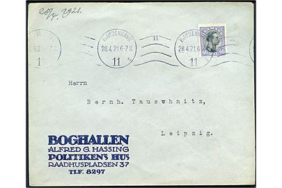 40 øre Chr. X single på brev fra Kjøbenhavn d. 28.4.1921 til Leipzig, Tyskland.
