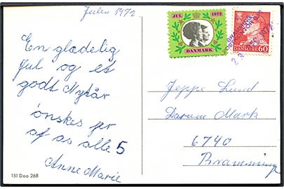 60 øre Fr. IX og Julemærke 1972 på julekort annulleret med trodat landpoststempel Bramming Postkontor (LP) d. 23.12.1972 til Bramming.
