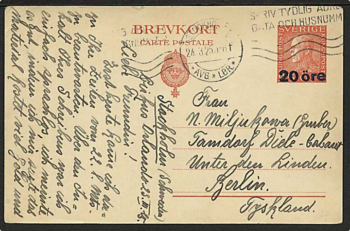 20/25 öre provisorisk helsagsbrevkort fra Stockholm d. 24.3.1925 til Berlin, Tyskland.