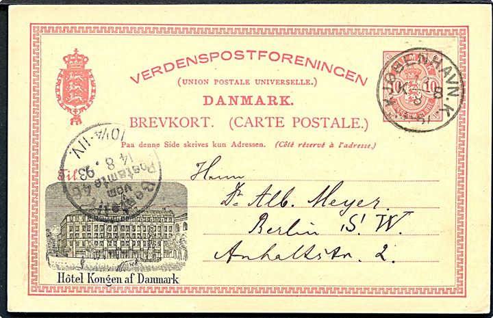 10 øre Våbentype helsagsbrevkort med tiltryk Hotel Kongen af Danmark fra Kjøbenhavn d. 13.8.1893 til Berlin, Tyskland.