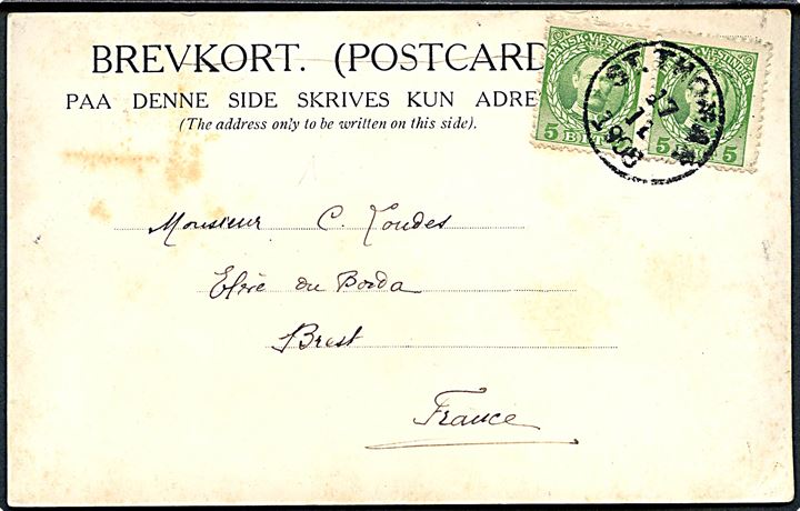 5 bit Fr. VIII i parstykke på brevkort (Delinois Hills, St. Thomas) stemplet St. Thomas d. 17.11.1908 til Brest, Frankrig.