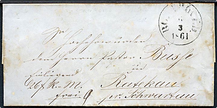 1861. Værdibrev med svagt antiqua Bronhöved d. 6.3.1861 til Ratekau pr. Schwartau. På bagsiden 2 laksegl fra Kgl. Poststation zu Bornhöved. 