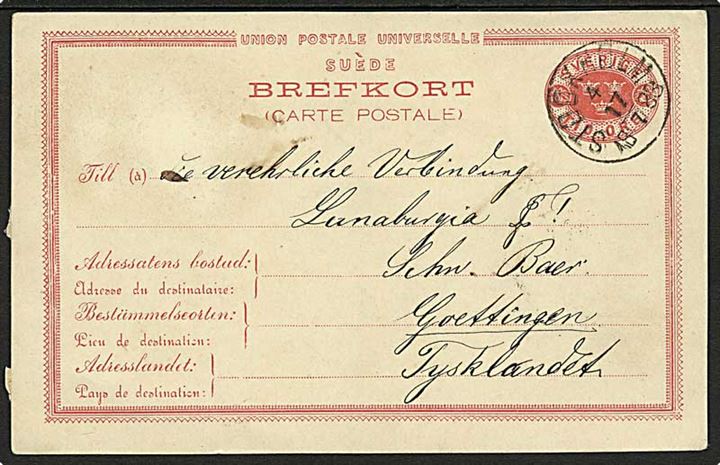 10 öre helsagsbrevkort fra Stockholm d. 17.7.1883 til Göttingen, Tyskland. 
