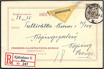 25 øre Chr. X med perfin PIB på anbefalet brevkort med postopkrævning fra Pressens-Illustrations-Bureau i Kjøbenhavn d. 30.3.1920 til Köping, Sverige. 