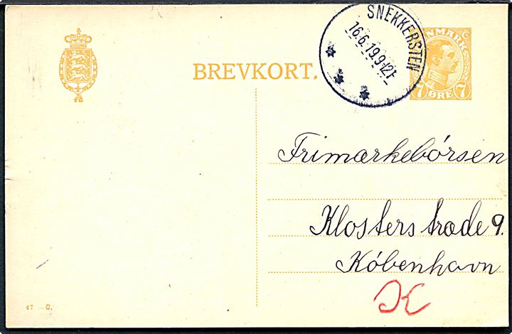 7 øre Chr. X helsagsbrevkort (fabr. 47-C) annulleret med brotype IIIb Snekkersten d. 16.6.1919 til København.