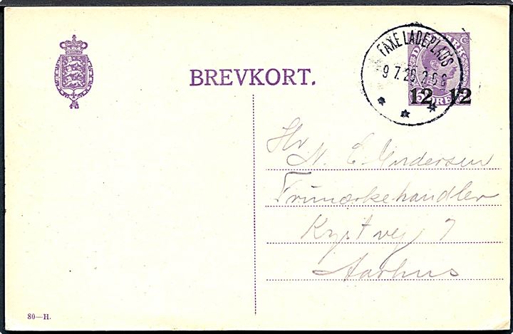 12/15 øre provisorisk helsagsbrevkort (fabr. 80-H) annulleret med brotype IIIb Faxe Ladeplads d. 9.7.1926 til Aarhus.