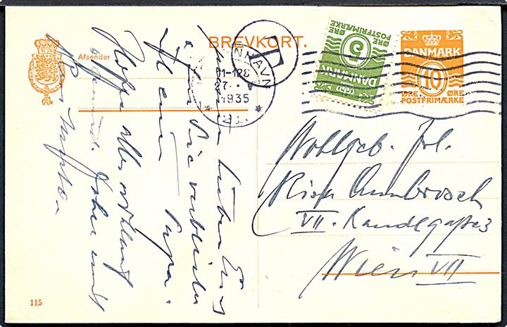 10 øre helsagsbrevkort (fabr. 115) opfrankeret med 5 øre Bølgelinie sendt underfrankeret fra København d. 27.5.1935 til Wien, Østrig. Sort T-stempel, men ikke udtakseret i porto.