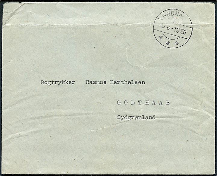 Ufrankeret indenrigsbrev stemplet Godhavn d. 5.8.1950 til Godthaab. 