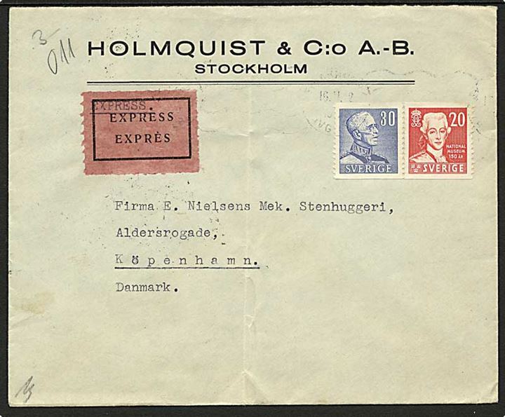 30 öre Gustaf og 20 öre Nationalmuseum på ekspresbrev fra Stockholm d. 16.11.1942 til København, Danmark. Åbnet af censuren i København.