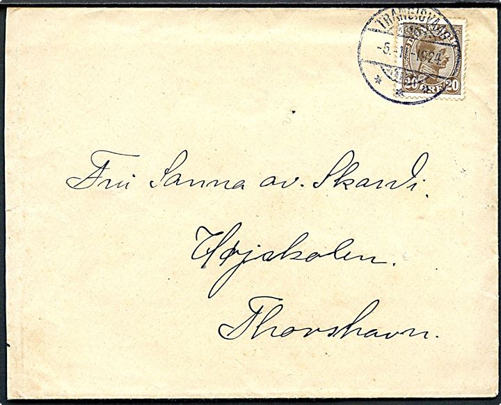20 øre Chr. X på brev med fuldt indhold dateret Hvidenæs d. 4.11.1924 annulleret med brotype Ig Trangisvaag d. 5.11.1924 til Thorshavn. På bagsiden ank.stemplet Thorshavn d. 5.11.1924.